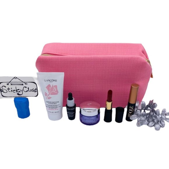 Lancome Beauty Gift Set-Pink PouchMascaraLipCleanserAgingCreamSerum-6pc-NEW